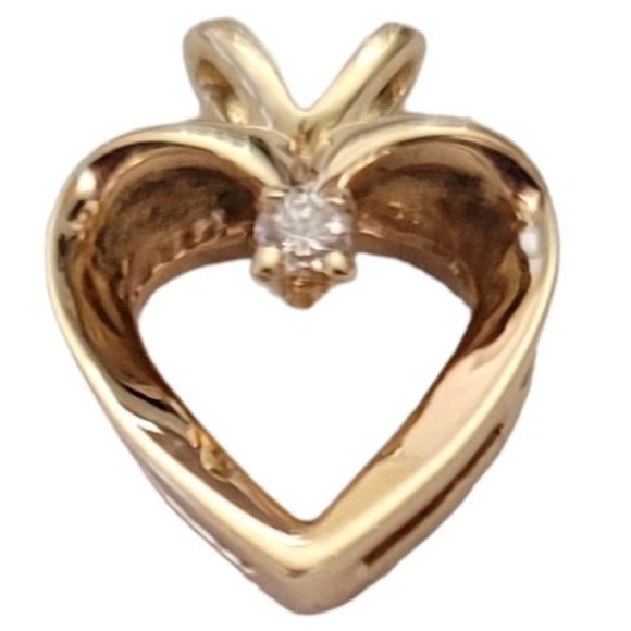 14K Yellow Gold Diamond Chip Open Heart Pendant E242 - Picture 3 of 14